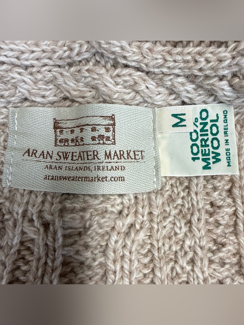 Aran Sweater Market Women’s Merino Wool Cardigan Beige Sz M Irish Cable Knit - Picture 3 of 11